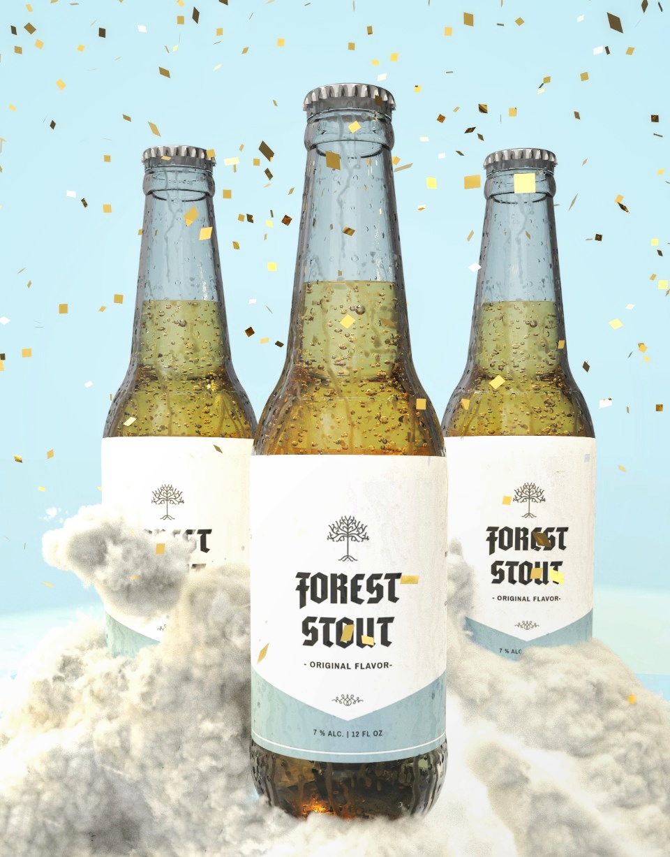 3D poster render of Forest Stout beer bottle packaging design