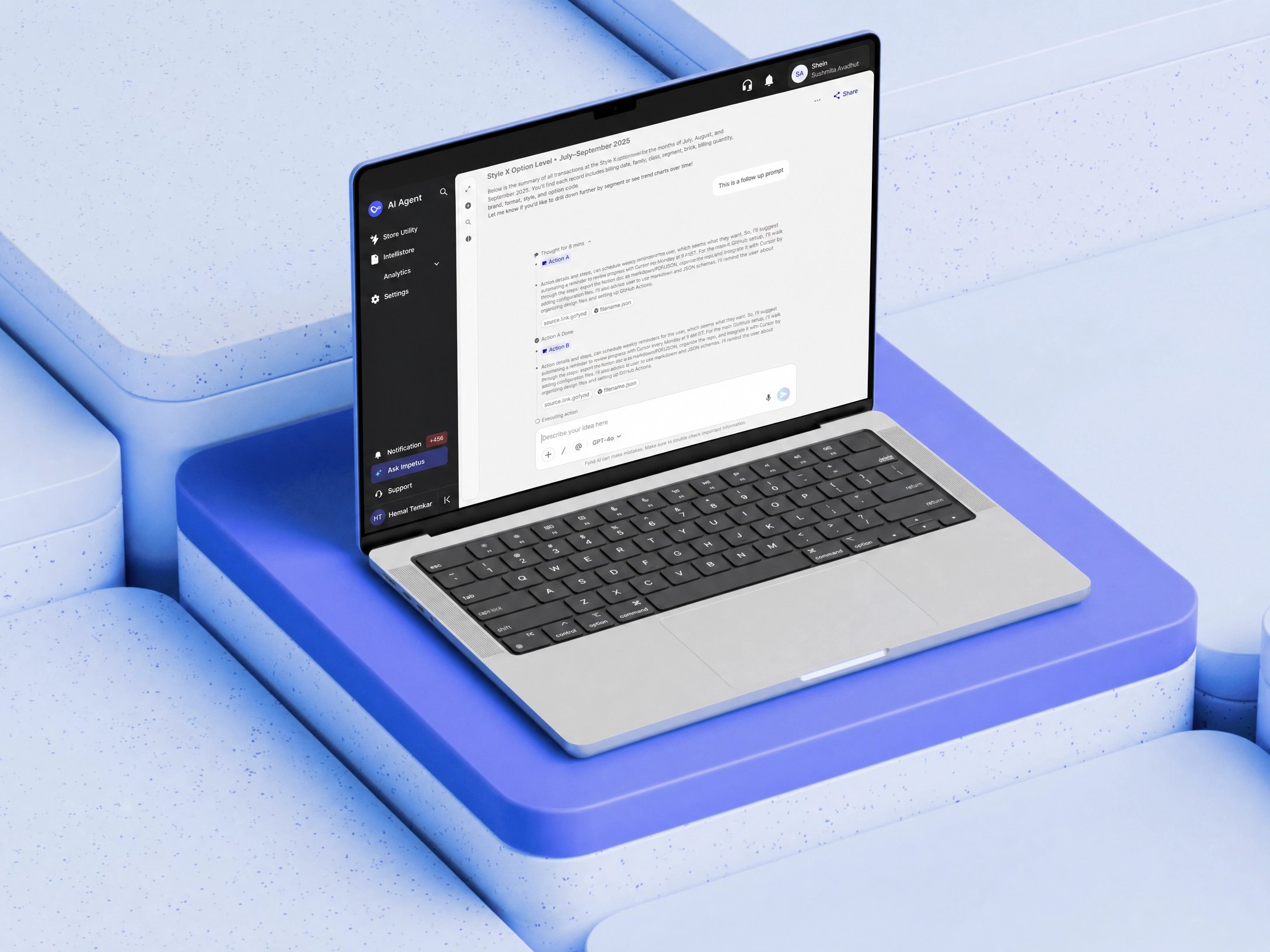 AI agent chat interface shown on a laptop mockup
