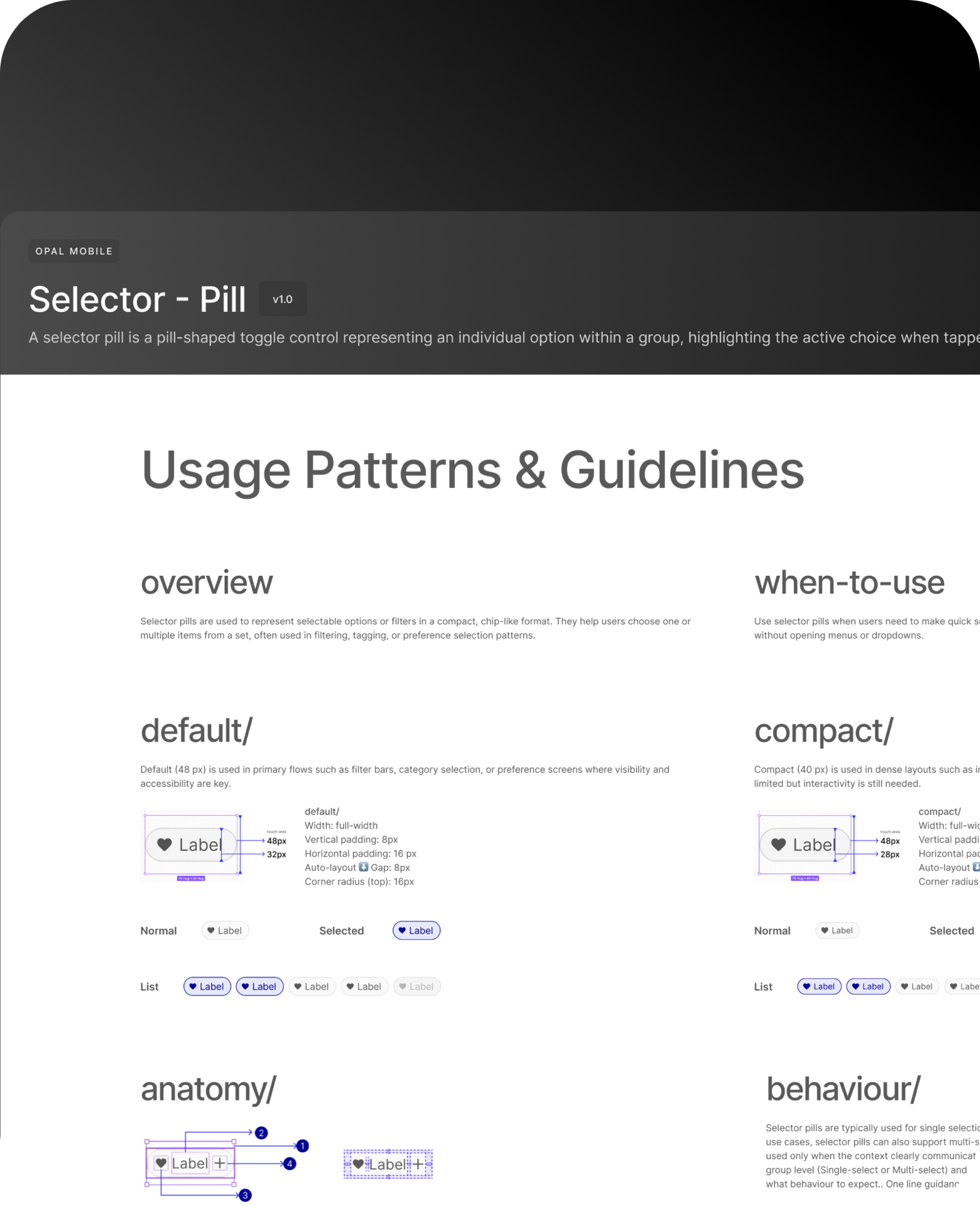 Opal Mobile design system documentation — Selector Pill usage patterns and guidelines