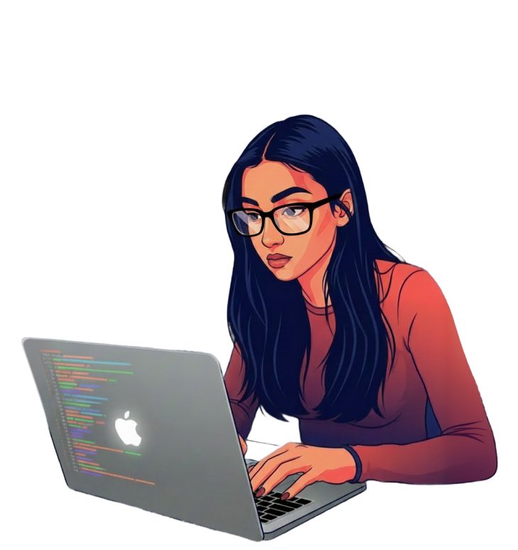 Illustration of Sushmita coding on a laptop with glasses