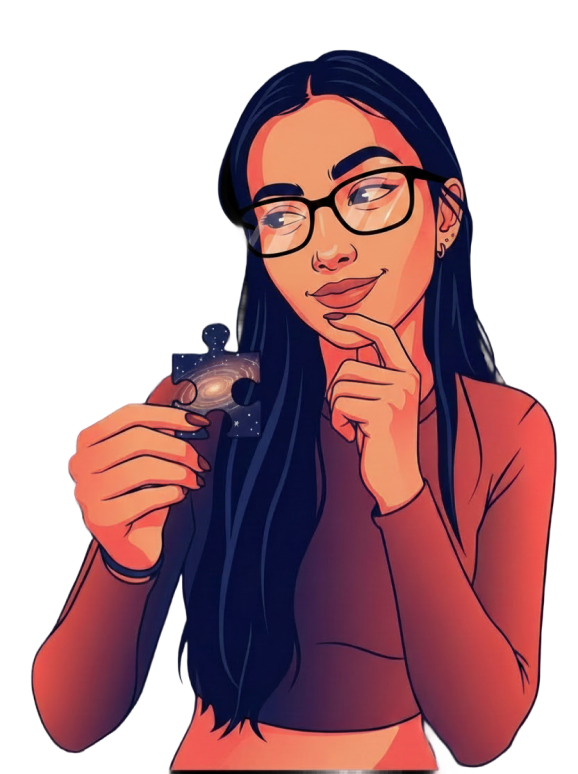 Illustration of Sushmita holding a puzzle piece with a tote bag