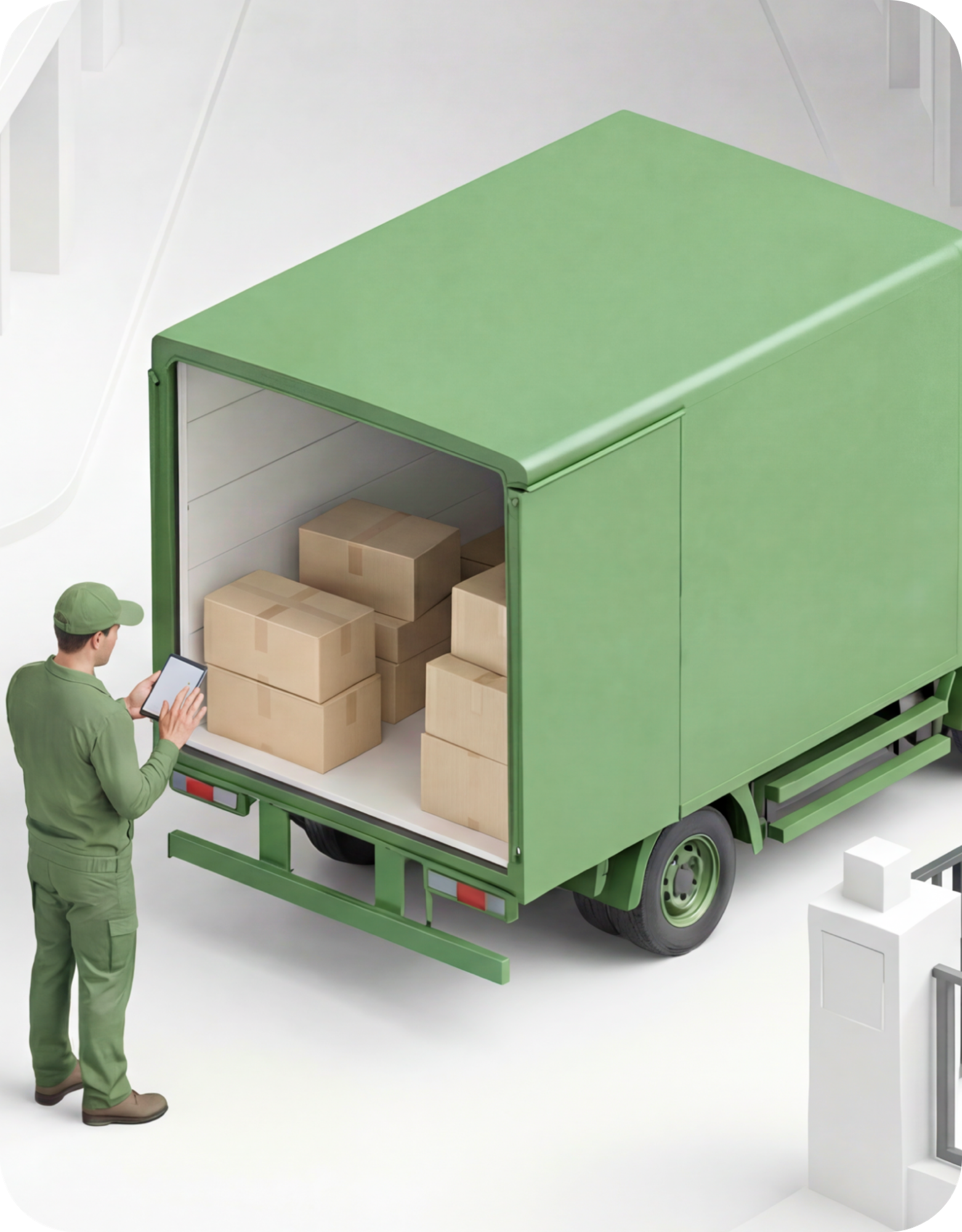 Logistics worker checking packages inside a green delivery truck on a tablet