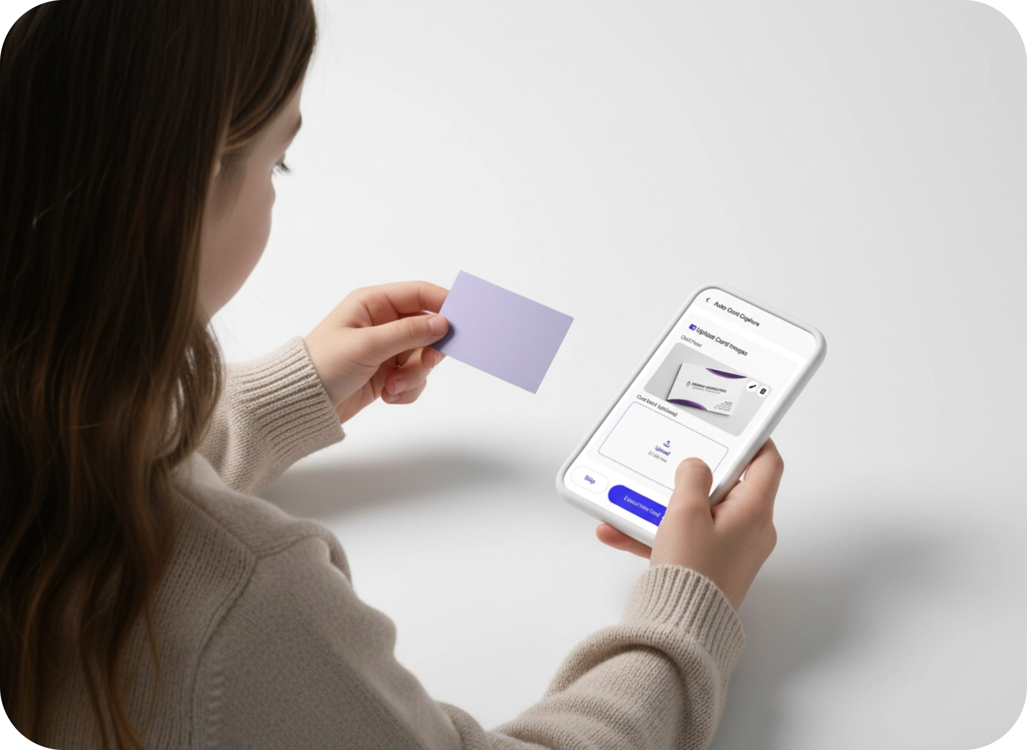 Person holding business card and phone with CardCapture app open